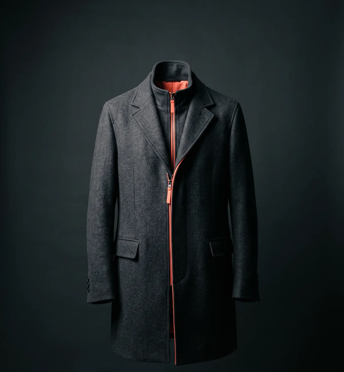 Charcoal wool overcoat with a coral zip, MERIDIAN FW26