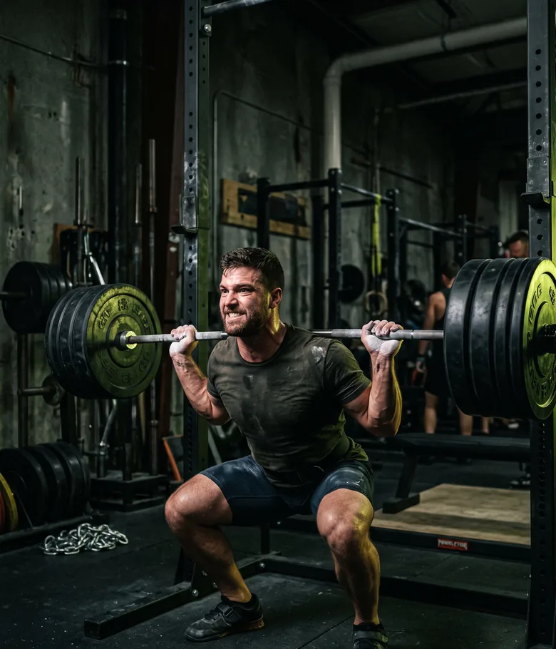 FORGE athlete mid-squat under a heavy barbell